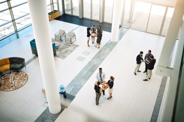 High angle shot of businesspeople networking at a conference