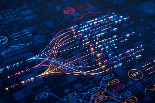 AI powers big data analysis and automation workflows, showcasing neural networks and data streams for business. Artificial intelligence, machine learning, digital transformation and tech innovation.